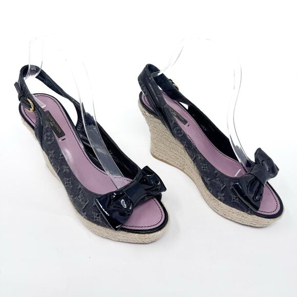 LOUIS VUITTON Black Denim Logo Bow Espadrilles Wedge Slingback Heels Size 39 - Picture 1 of 11